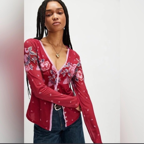 Free People Tops - Free People Home Grown Mesh Cardigan Top Roses Magenta Red Floral Small NWOT